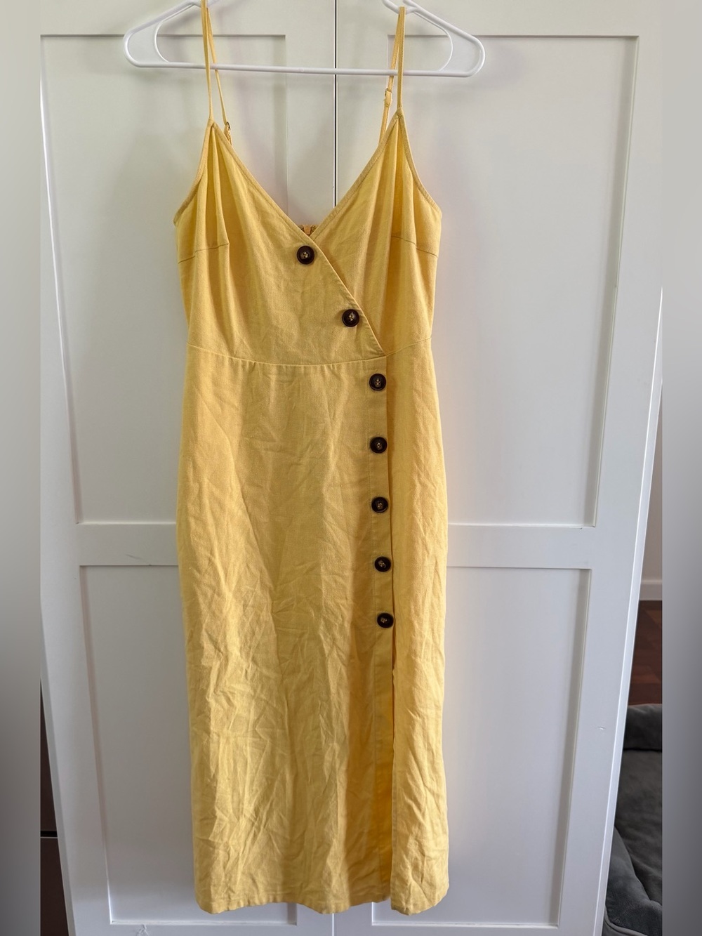 Lush Summer Yellow Linen Blend Button-Front Midi Dress with Spaghetti Straps